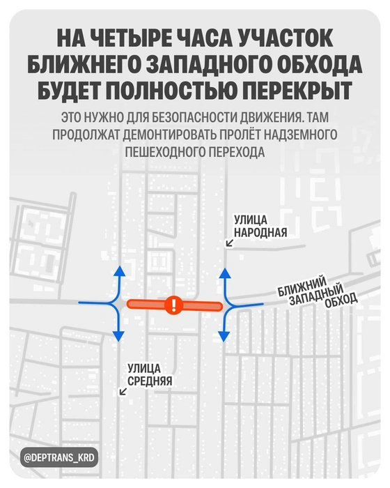 Участок, где перекроют движение | Источник: Дептранс Краснодара / T.me