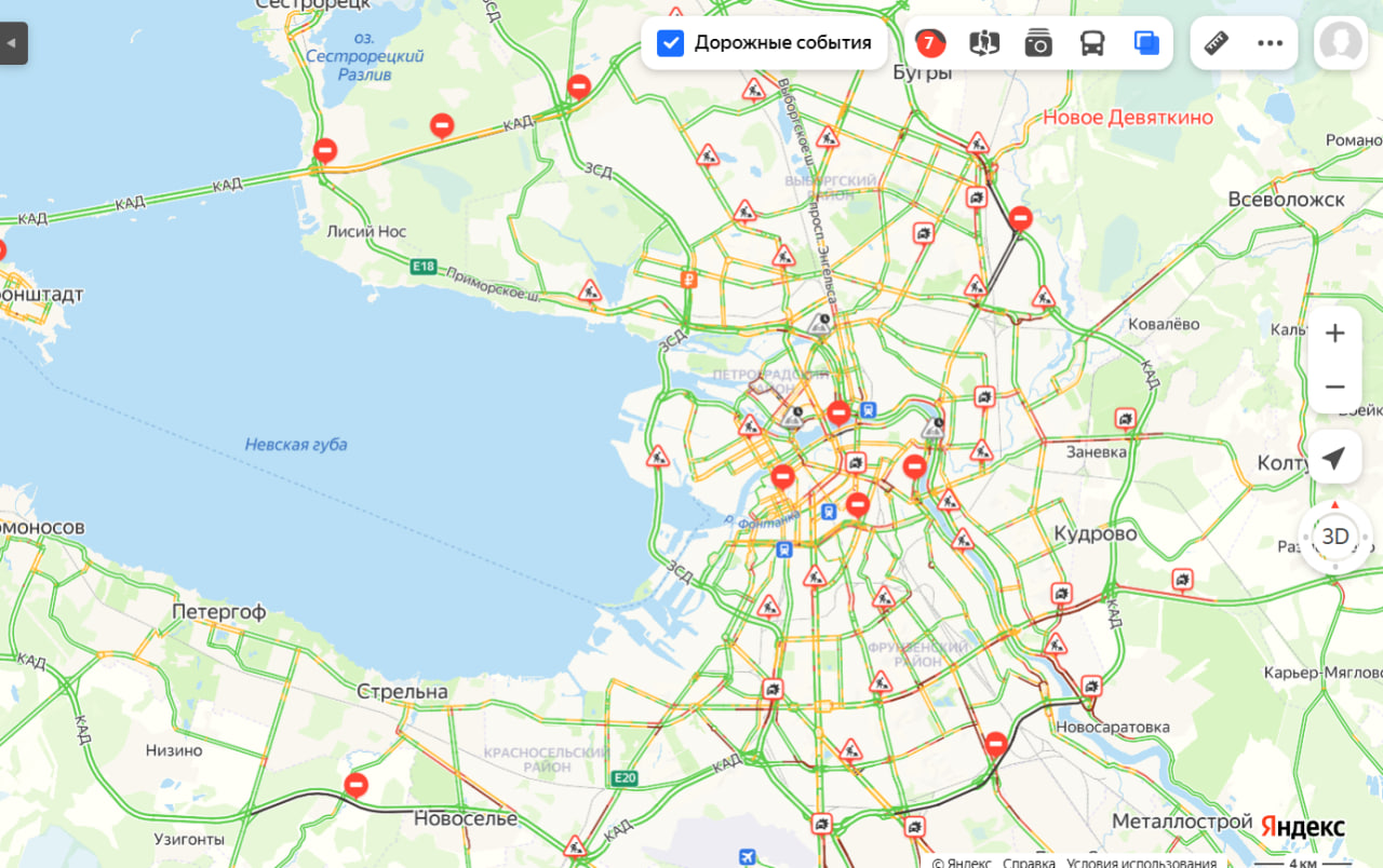 Пробки в Петербурге — 7 баллов. Перекрыты участки КАД