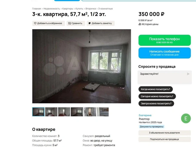 Риелтор подтвердила, что стоимость квартиры в 350 тысяч рублей является окончательной и включает ее комиссию. | Источник: Avito.ru