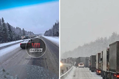 Снегопад и авария фуры парализовали трассу Пермь-Екатеринбург