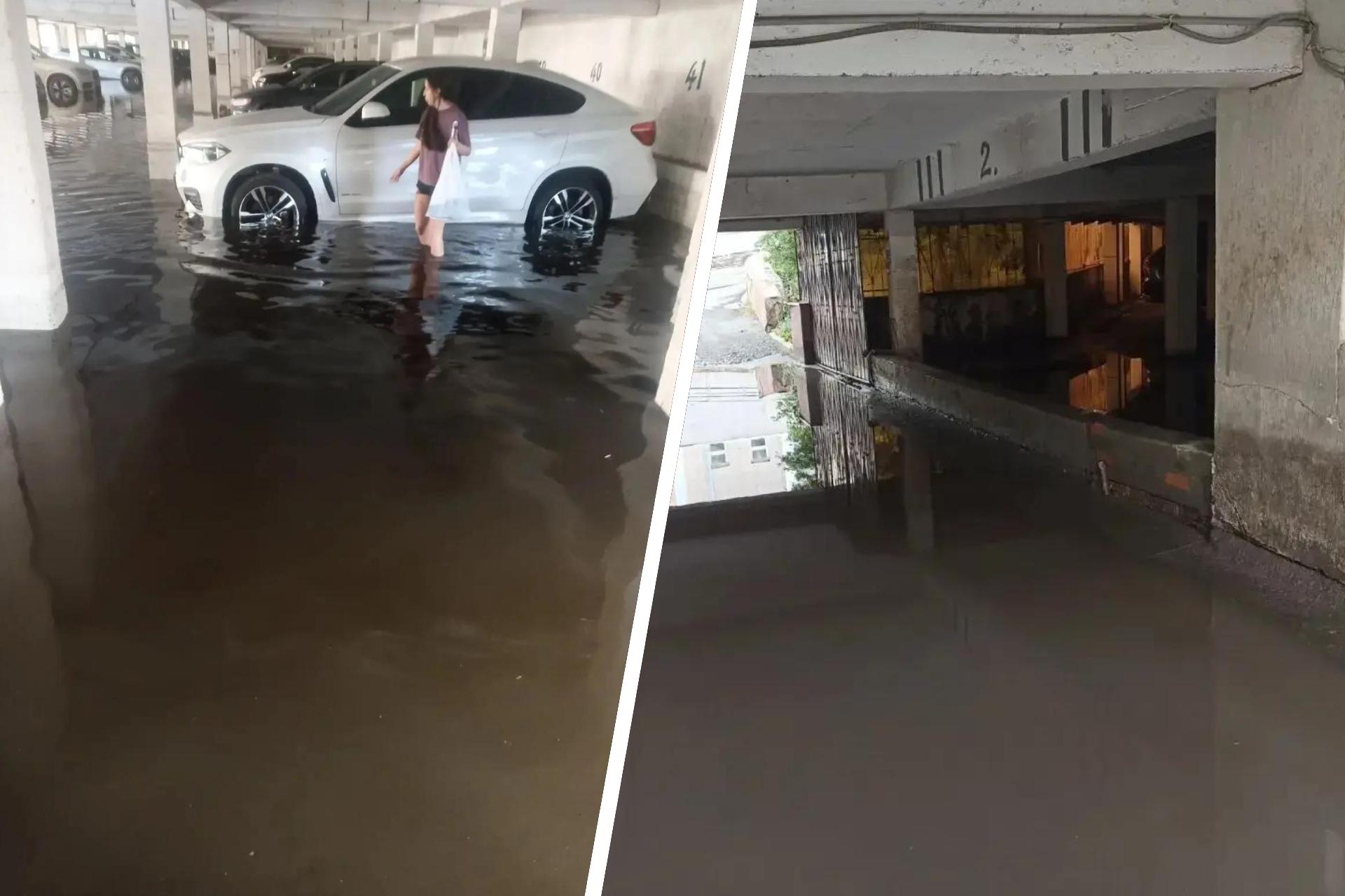 «Все машины стояли по капот в воде»: в Челябинске во время ливня затопило крытую парковку ЖК (видео)