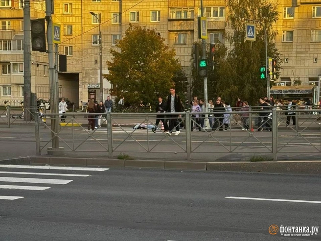 По словам горожан, тело долго оставалось на дороге. Его оградили сигнальной лентой | Источник: читатель «Фонтанки»