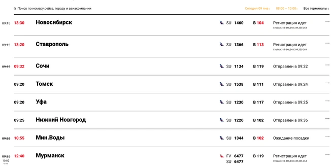 Так выглядит онлайн-табло в Шереметьеве | Источник: Svo.aero