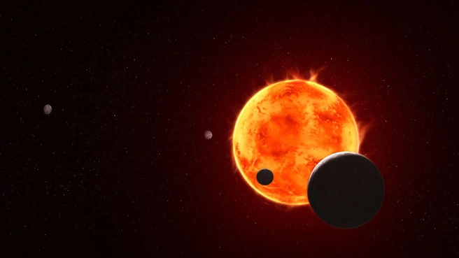 Изменчивый красный карлик TRAPPIST-1 и четыре наиболее близко вращающиеся к нему планеты (иллюстрация) | Источник: NASA