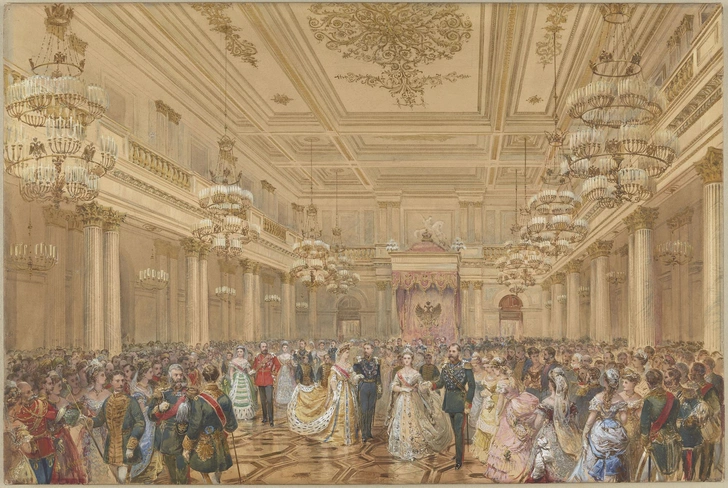 Николя Шевалье. «Бал Полонез в Зимнем дворце, Санкт-Петербург, 23 января 1874 года». 1876. Бумага, карандаш, акварель. 68,5 x 91 см. Королевская коллекция, Лондон. | Источник: архив пресс-служб