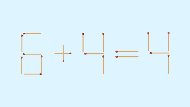 6+4=8: переместите 1 спичку, чтобы уравнение стало верным