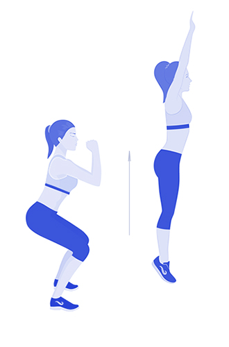 Прыжки из полуприседаПрорабатывает все мышцы ног. В положении стоя разведите ноги на ширину плеч и немного опуститесь вниз, согнув колени. Опираясь на пятки, вытолкните себя высоко вверх. Мягко приземлитесь и вернитесь в позицию полуприседа. Повторите упражнение.