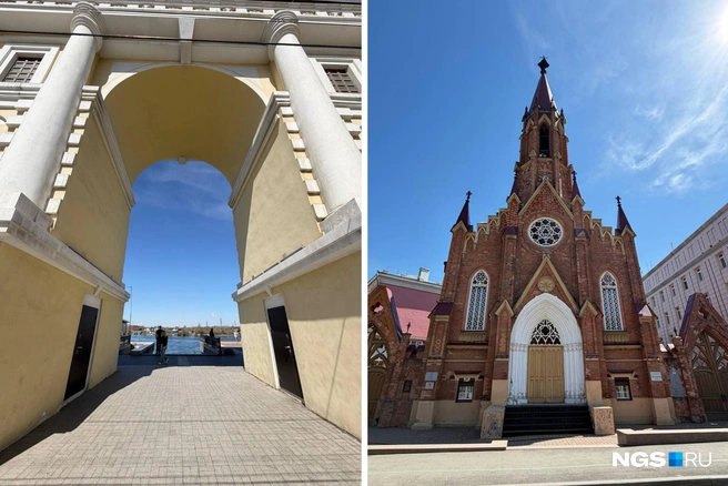 Московские триумфальные ворота, Римско-католический костел и православные храмы создают контрастную, но живописную атмосферу | Источник: Настасья Медведева / NGS.RU