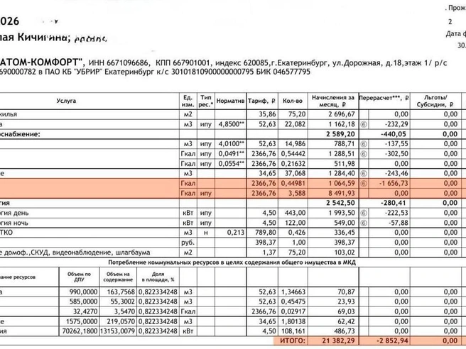 Строка за отопление превышает 8000 рублей | Источник: читательница E1.RU