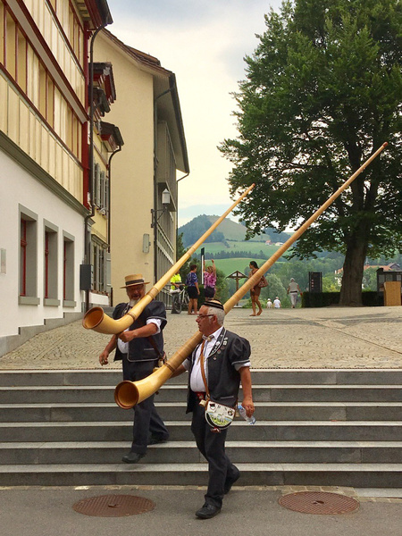 Типичные для Швейцарии музыкальные инструменты — альпхорны; ни в один футляр не положишь