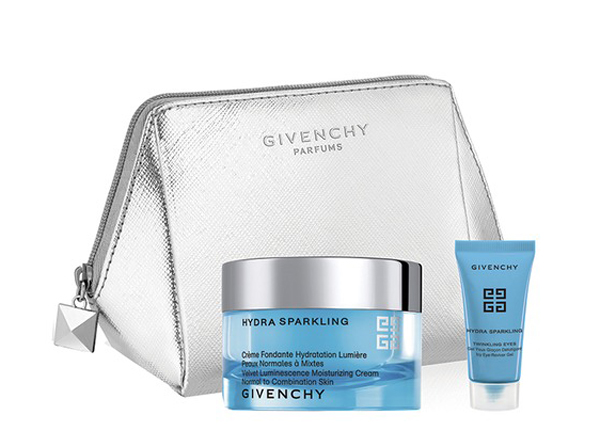 Набор Hydra Sparkling, Givenchy. В набор входят: увлажняющий гель для снятия признаков усталости и сияния кожи вокруг глаз Hydra Sparkling, 5 мл; увлажняющий крем для сияния кожи – для нормальной и смешанной кожи Hydra Sparkling, 50 мл; косметичка.
