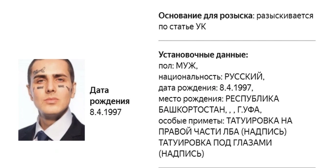 Карточка розыска музыканта | Источник: МВД России