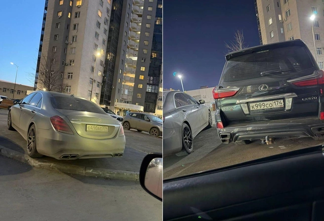 ЖК «Западный луч». Автор пишет, что пока снимал Mercedes, стоящий на тротуаре, рядом припарковался Lexus с заметным номером | Источник: читатель 74.RU