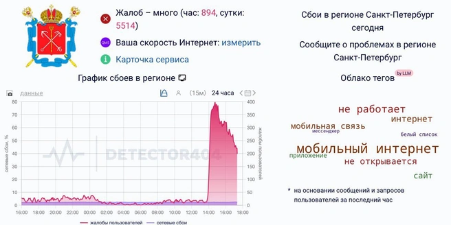 Перебои с мобильным интернетом в Петербурге продолжаются | Источник: скриншот сервиса Downdetector
