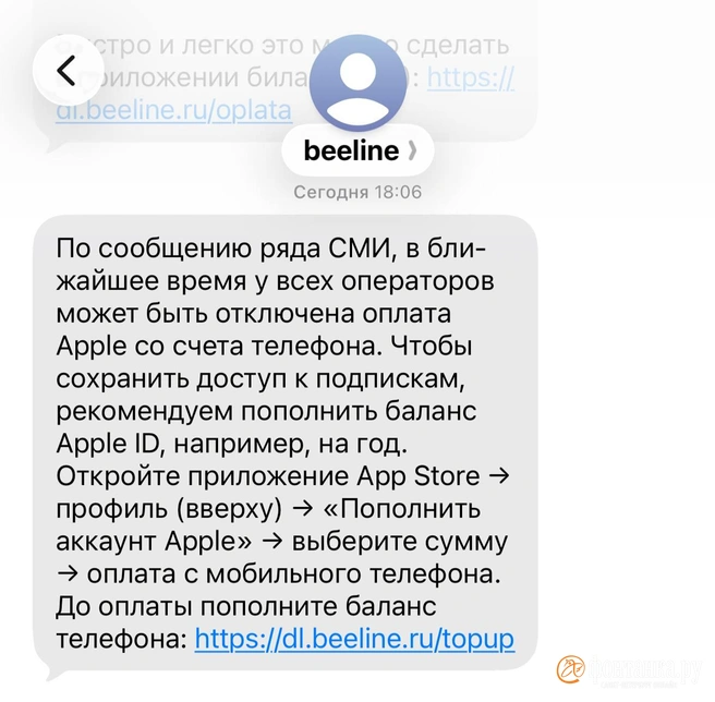 «Билайн» и МТС рассказали, как подготовиться к запрету оплаты сервисов Apple через телефон | Источник: скриншот «Фонтанки»