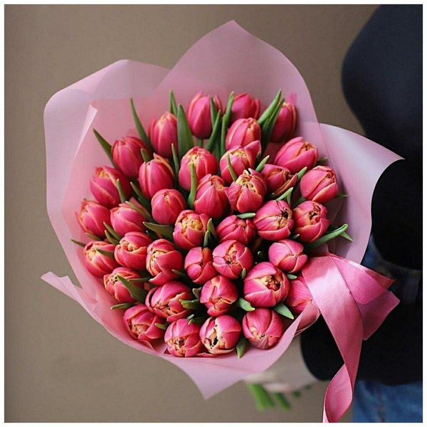 Букет из 35 розовых пионовидных тюльпанов, «Радуга Букет»