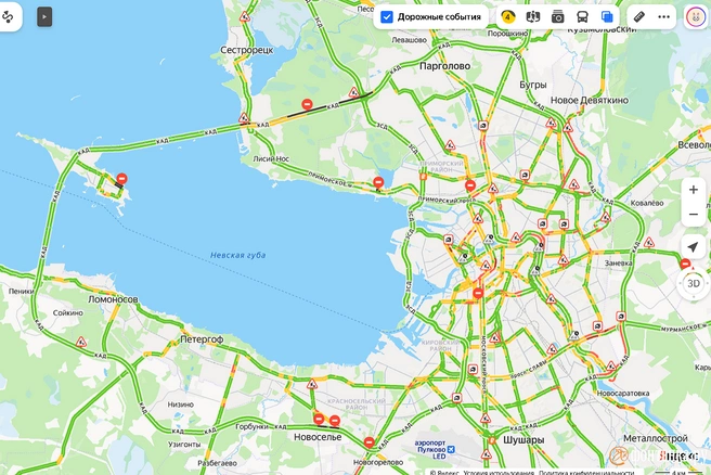 Пробки в Петербурге пошли в рост уже днем | Источник: Яндекс.Карты