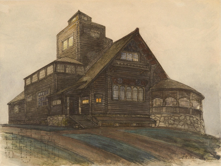 Л. А. Веснин, В. А. Симов. Проект дачи В. А. Носенкова в деревне Иваньково под Москвой (Береговая улица в Москве). Вариант. Перспектива. 1909. Бумага, итальянский карандаш, масляная пастель. | Источник: архив пресс-службы