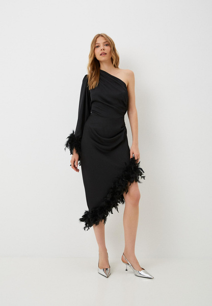 Черное платье на одно плечо с перьями