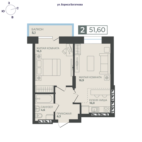 Двухкомнатная квартира 51,6 кв. м со скидкой 15% | Источник: ООО «НИКПАРК»