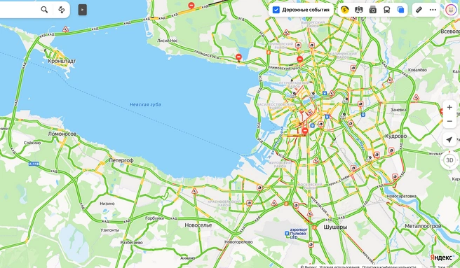 Пробки в Петербурге уже к трем часам дня выросли до 5 баллов | Источник: Яндекс.Карты