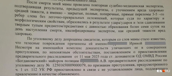Дочь не согласна с тем, что обвиняемый в смерти ее матери не установлен | Источник: читатель E1.RU