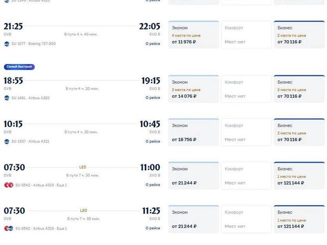 Самый продолжительный перелет длится 7 часов 55 минут. | Источник: Aeroflot.ru