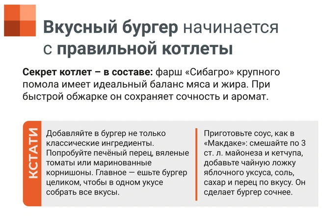 Можно воссоздать бургер из любимого заведения, а можно поэкспериментировать с собственным рецептом | Источник: «Сибагро»