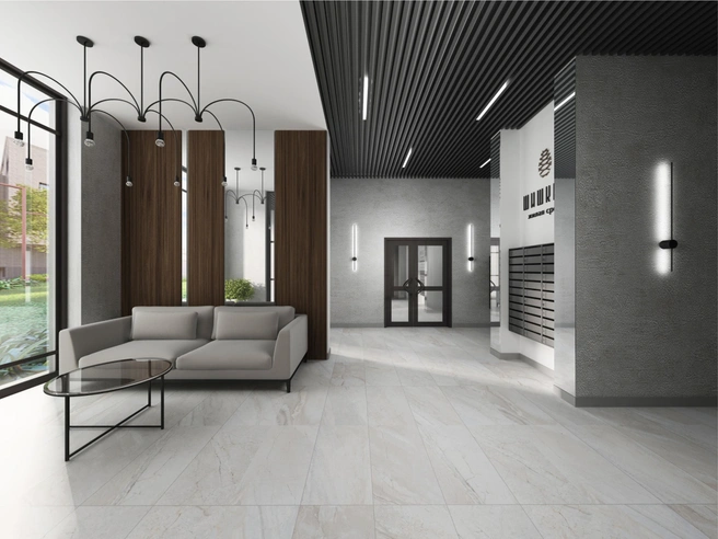 Нет, это не лобби загородного отеля. Это просто уютный холл первого этажа в «Шишкине» | Источник: ООО СЗ «ЖК Шишкин»