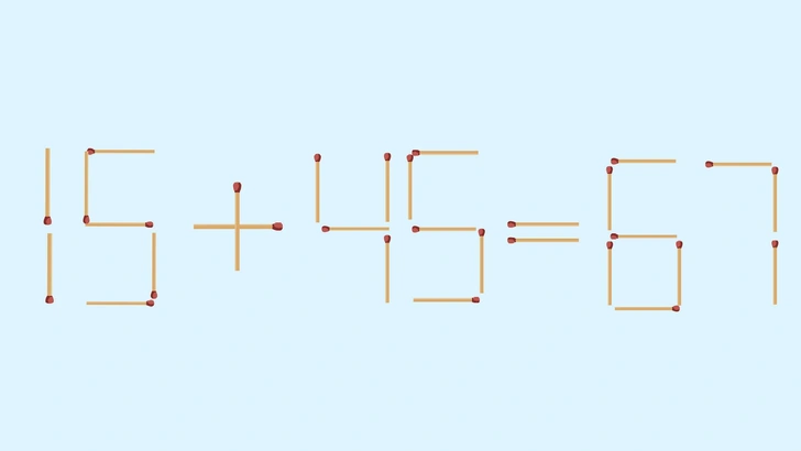 Здесь ошибка: 15+45=67. Переместите 1 спичку, чтобы уравнение стало верным