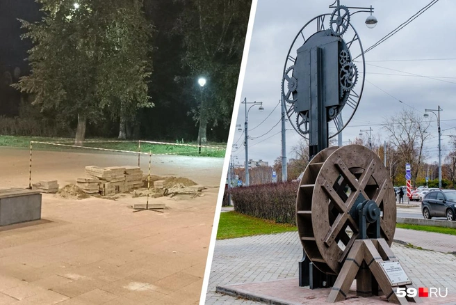 Часы обратного отсчета пропали из сквера. Теперь на их места лишь кучка плитки | Источник: читатель 59.RU Алексей, Тимофей Калмаков / 59.RU