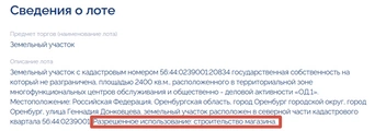 Разрешенное использование — строительство магазина | Источник: torgi.gov.ru