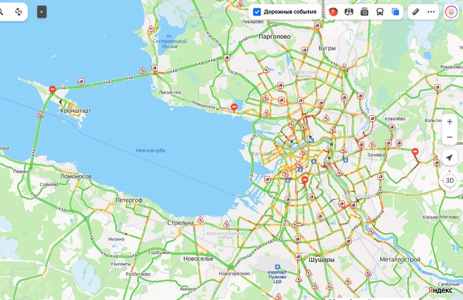 Пятничные пробки в субботу: петербуржцы пробираются по заторам к длинным выходным | Источник: «Яндекс.Карты»