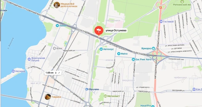 Участок Ленинского проспекта от улицы Остужева до Димитрова временно перекрыт в Воронеже после ракетного удара | Источник: Яндекс.Карты / yandex.ru/maps