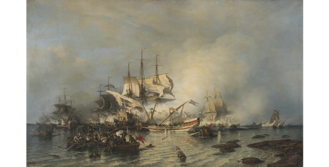 Алексей Боголюбов. Гренгамское морское сражение 27 июля 1720 года. 1866. Х., м. 229 х 380. | Источник: Государственный Русский музей