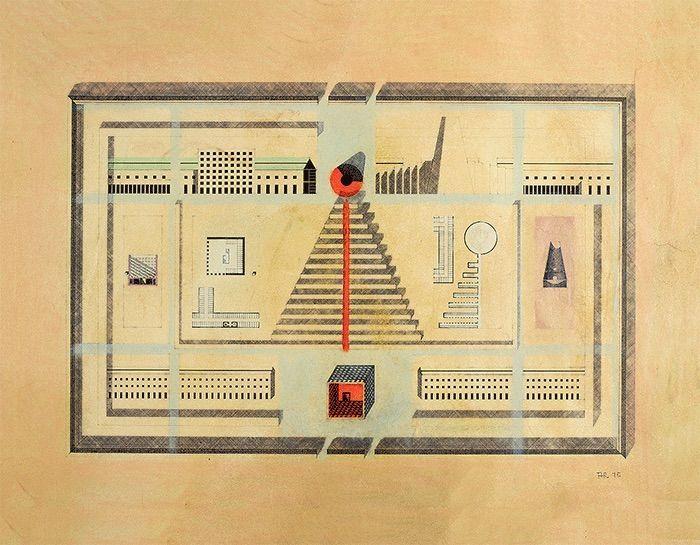 Первоначальный проект кладбища Сан-Катальдо. Красный куб расположен рядом с так и не построенной пирамидой, которая должна была заканчиваться огромной дымовой трубой. | Источник: Роман Куртманш