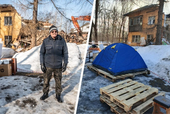Пенсионер Александр Анатольевич разбил палатку у руин дома, откуда его выселили | Источник: Василина Любимова / 59.RU, Сергей Рычков / Vk.com