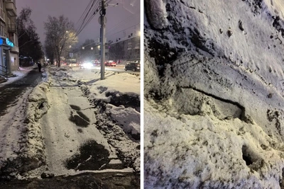 Провал тротуара на улице Титова в Новосибирске вызвал трещины