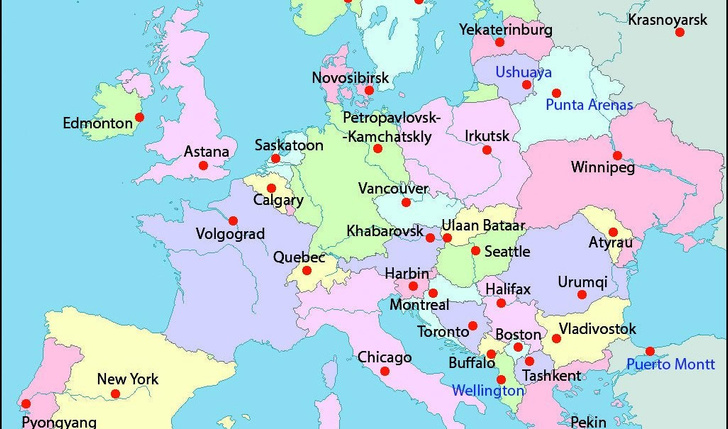 Загадка дня: По какому принципу нанесены эти города на карту Европы?
