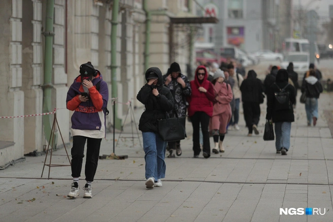 Горожане прячут лица от поднявшейся пыли | Источник: Андрей Бортко / NGS.RU