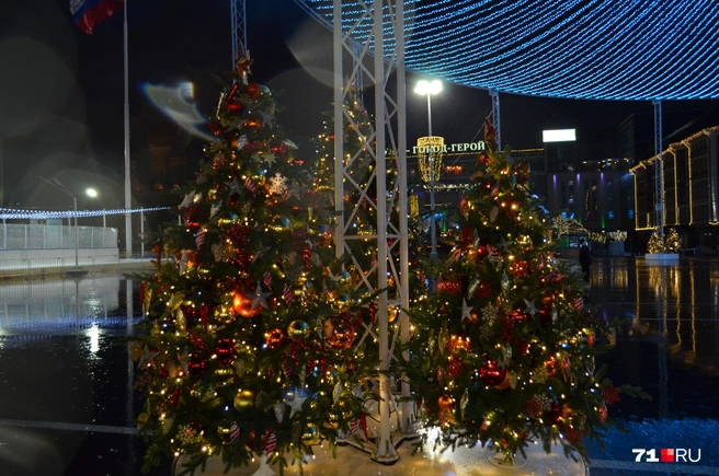 У опор шатра также решили установить ёлочки поменьше | Источник: Максим Улитов / 71.RU