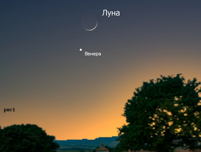 Так будет выглядеть сближение тонкого лунного серпа и Венеры вечером 19 апреля | Источник: sibsau.ru