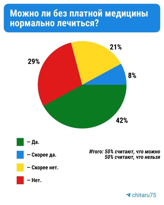 В вопросе о том, можно ли лечиться без платной медицины, мнения разделились ровно напополам | Источник: CHITA.RU