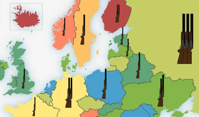 Карта: число единиц огнестрельного оружия на 100 человек в Европе и России