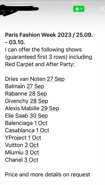 Расписание показов с информацией о том, что цена предоставляется по запросу. Снимок из расследования Луи Пизано.