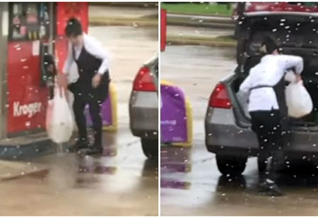 Женщина наполняет пакеты бензином и кладет их в багажник (видео)