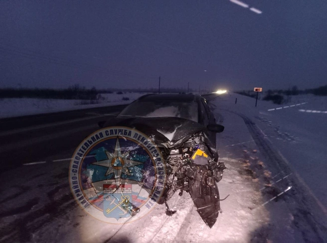 Бамперы — всмятку, водителя зажало в машине. На «Коле» лоб в лоб столкнулись легковушки | Источник: Аварийно-спасательная служба ЛО