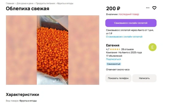 Есть облепиха за 200 рублей  | Источник: avito.ru