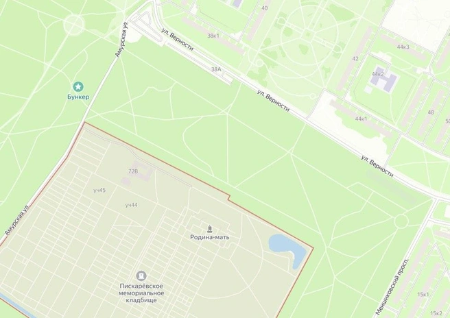 В честь участников СВО назовут пространство между Пискаревским кладбищем и улицей Верности | Источник: Яндекс Карты