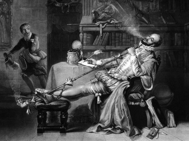 «Первая трубка Рэли в Англии». Иллюстрация из книги Tobacco, its history and associations, 1859 год | Источник: Frederick William Fairholt, Public domain, через Викисклад